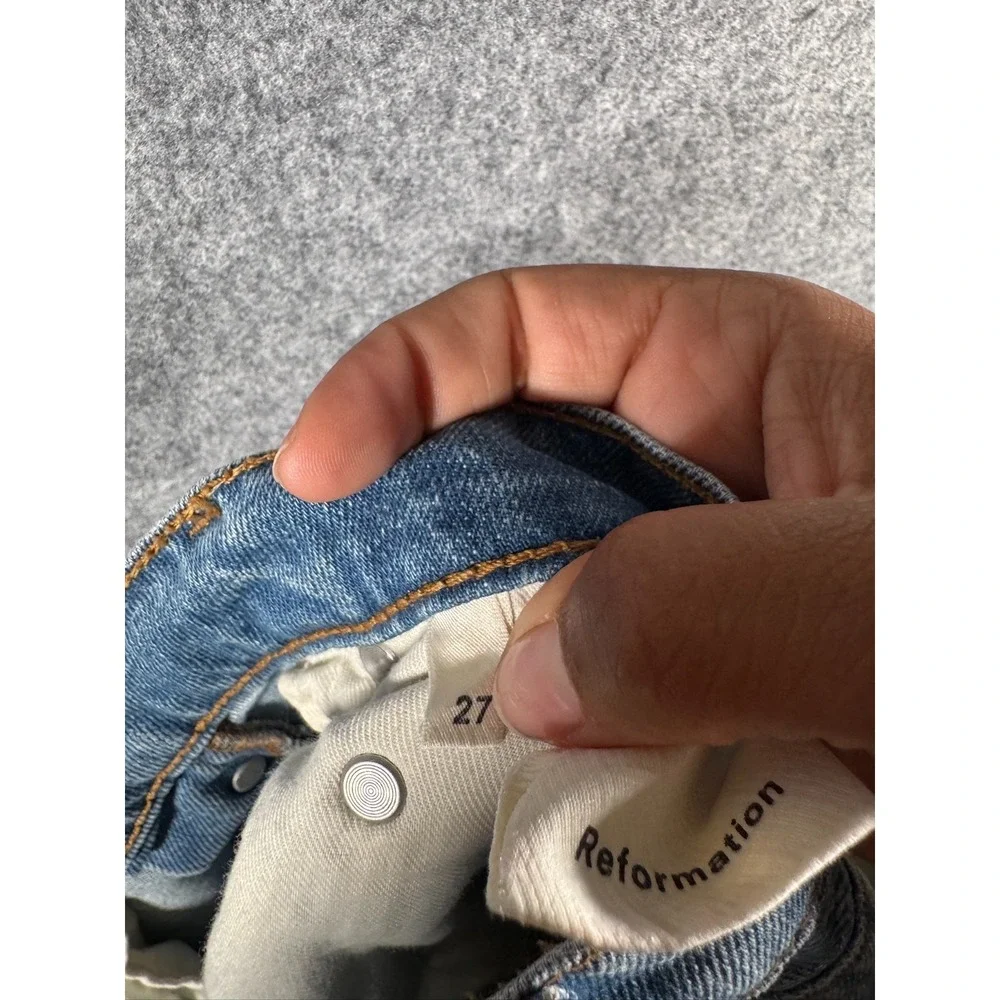 Reformation High Rise Straight Leg Jeans Light‎ Wash Blue Distressed Button Fly